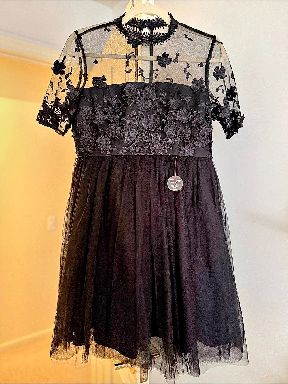 Chi London Maternity Black Floral Tulle Embroidered Midi Dress NWT
